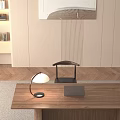 Modern Wooden Desk with Laptop Lamp and Potted Plant in Room with Window and Chair