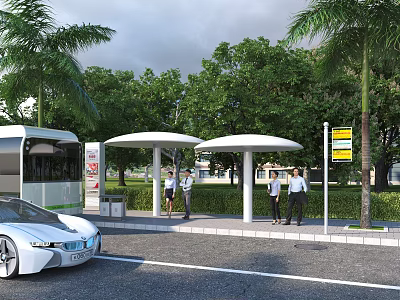 Urban Garden Landscape Design With Bus Stop Shelter Palm Trees Green Lawn And Waiting Area 3d model