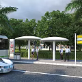 Urban Garden Landscape Design With Bus Stop Shelter Palm Trees Green Lawn And Waiting Area