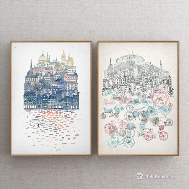 Two Framed Landscape Paintings With Blue Gray Cityscapes Buildings Boats And Colorful Bicycles 3d model 