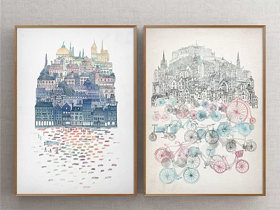 Two Framed Landscape Paintings With Blue Gray Cityscapes Buildings Boats And Colorful Bicycles 3d model