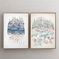 Two Framed Landscape Paintings With Blue Gray Cityscapes Buildings Boats And Colorful Bicycles