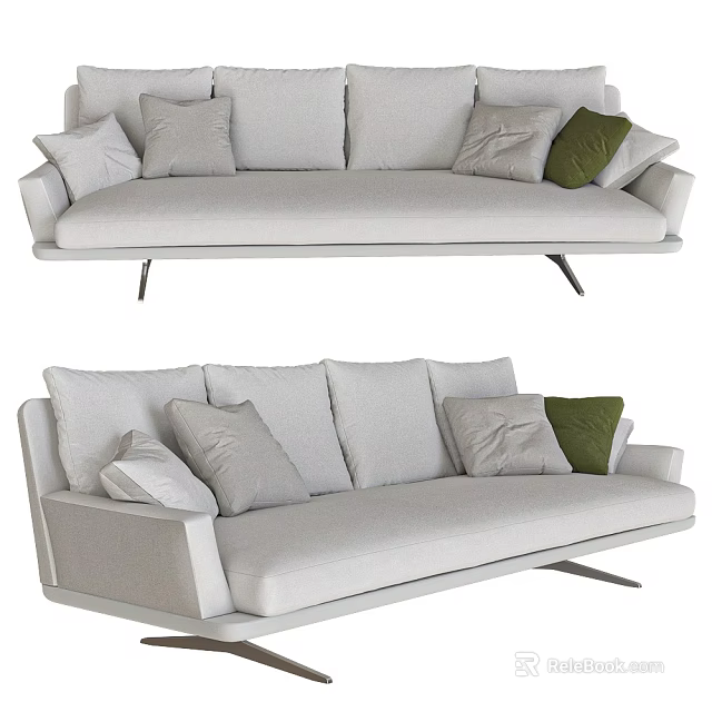 Modern Light Gray Sofa With Gray Green Pillows Sleek Design And Metal Legs 3d model 