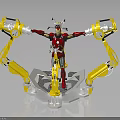 Red And Gold Armored Character With Yellow Mechanical Arms Standing On Platform