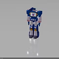 Blue Robot Character 3D Render With White Orange Accents And Chest Emblem Design
