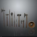 Medieval Weapons Display Featuring Axes Spears Swords And Wooden Shield On Reflective Gray Background