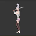 Game Movie Character With Grey Bun Hairstyle Glasses White Top Pink Shorts And Brown Stockings