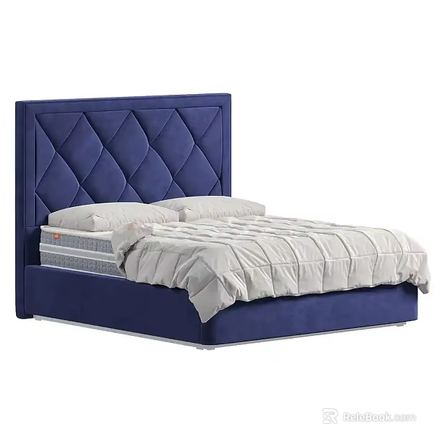 Deep Blue Diamond Tufted Headboard Double Bed with Gray Mattress Modern Design 3d model