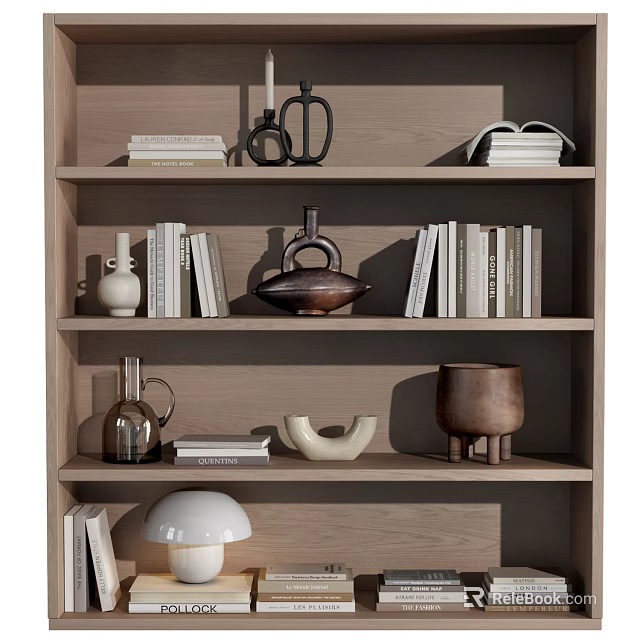 Stylish Decorative Ornament Combination on Wooden Bookshelf with Vases Teapot Pot Sculptures and Books 3d model 