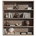 Stylish Decorative Ornament Combination on Wooden Bookshelf with Vases Teapot Pot Sculptures and Books