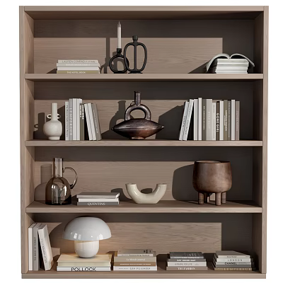 Stylish Decorative Ornament Combination on Wooden Bookshelf with Vases Teapot Pot Sculptures and Books 3d model