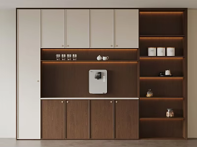 Modern Kitchen Interior Design With White And Brown Cabinets Water Dispenser And Storage Shelves 3d model