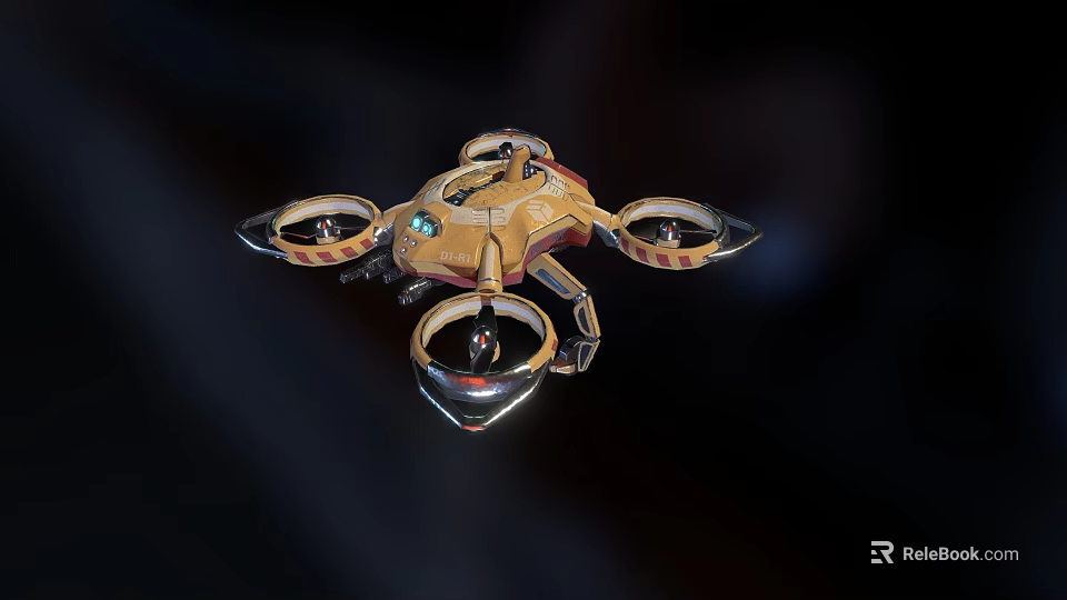 Futuristic Yellow Brown Multi Rotor Drone With Sleek Body And Propellers 3d model 