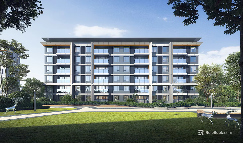 Modern Multi storey Residential Building With Green Lawn And Trees 3d model 