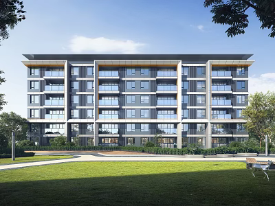 Modern Multi storey Residential Building With Green Lawn And Trees 3d model