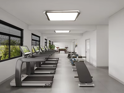Spacious Bright Gym Interior With Multiple Treadmills And Fitness Equipment 3d model