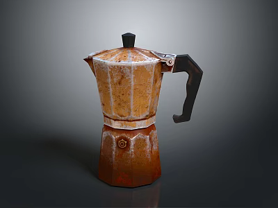 Vintage Rustic Moka Pot With Textured Orange Brown Surface And Black Handle 3d model