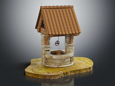 Traditional Well Design Garden Ornament With Brown Tile Roof Wooden Structure And Stone Base 3d model