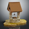 Traditional Well Design Garden Ornament With Brown Tile Roof Wooden Structure And Stone Base