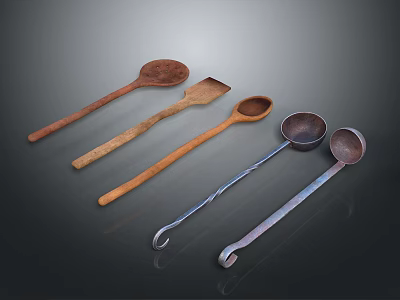 Household Kitchen Tools Including Wooden Spoons And Metal Ladles With Various Shapes 3d model