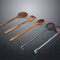 Household Kitchen Tools Including Wooden Spoons And Metal Ladles With Various Shapes
