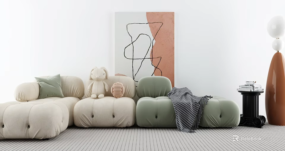 Cozy Sectional Sofa In Beige And Green With Stuffed Toy Blanket And Abstract Painting 3d model 