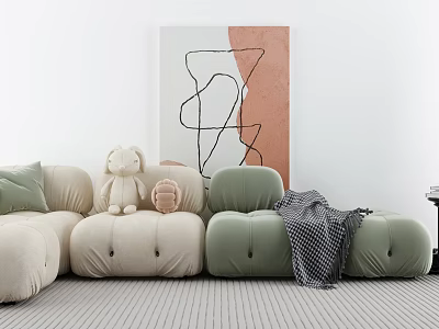 Cozy Sectional Sofa In Beige And Green With Stuffed Toy Blanket And Abstract Painting 3d model