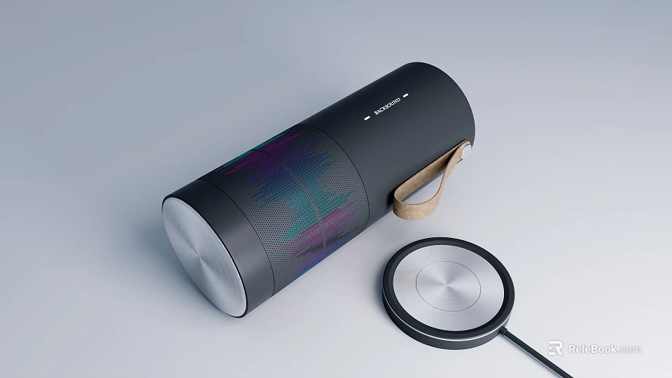 Sleek Black Portable Speaker With Leather Strap Colorful Sound Wave Design And Wireless Charging Pad 3d model 