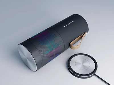 Sleek Black Portable Speaker With Leather Strap Colorful Sound Wave Design And Wireless Charging Pad 3d model