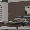 Double Bed in Modern Bedroom with Black Leather Headboard Wooden Frame and Brown White Pillows