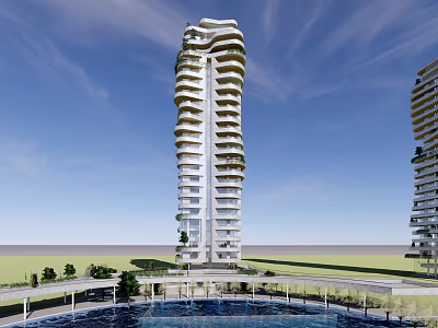 Modern High Rise Residential Towers With Swimming Pool And Greenery Under Blue Sky 3d model