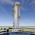 Modern High Rise Residential Towers With Swimming Pool And Greenery Under Blue Sky