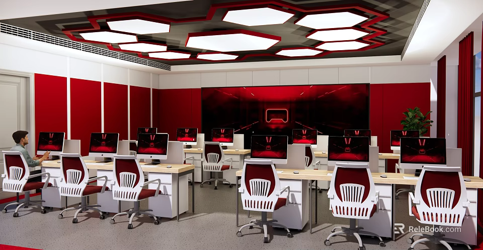School Computer Classroom Interior With Red Walls Hexagonal Ceiling Lights And White Red Chairs 3d model 