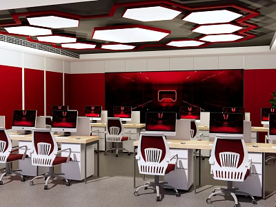 School Computer Classroom Interior With Red Walls Hexagonal Ceiling Lights And White Red Chairs 3d model