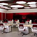 School Computer Classroom Interior With Red Walls Hexagonal Ceiling Lights And White Red Chairs 3d model