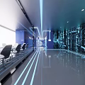 Modern Exhibition Hall With Geometric Ceiling Lights White Podiums And Digital Screens