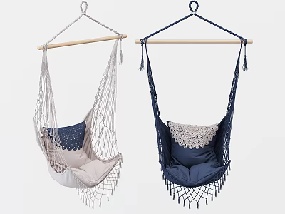 Bohemian Macramé Hanging Chair With Wooden Bar Light Dark Cushion Design 3d model