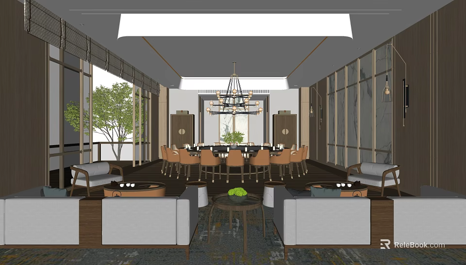 Modern Private Room Interior Design With Chandelier Sofas Dining Table And Green Plants 3d model