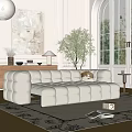 White Plush Sectional Sofa With Modular Design Wooden Cabinet Table Lamp And Green Plant