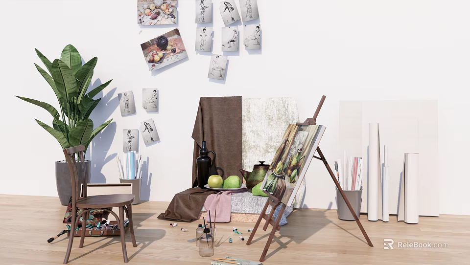 Musical Instruments And Art Supplies In Creative Studio With Easel Paintings Brushes And Paints 3d model 