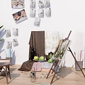 Musical Instruments And Art Supplies In Creative Studio With Easel Paintings Brushes And Paints