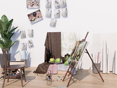 Musical Instruments And Art Supplies In Creative Studio With Easel Paintings Brushes And Paints 3d model