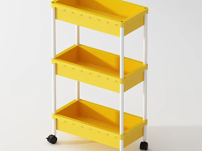 Yellow Three Tier Mobile Storage Shelf with White Frame and Plastic Bins 3d model