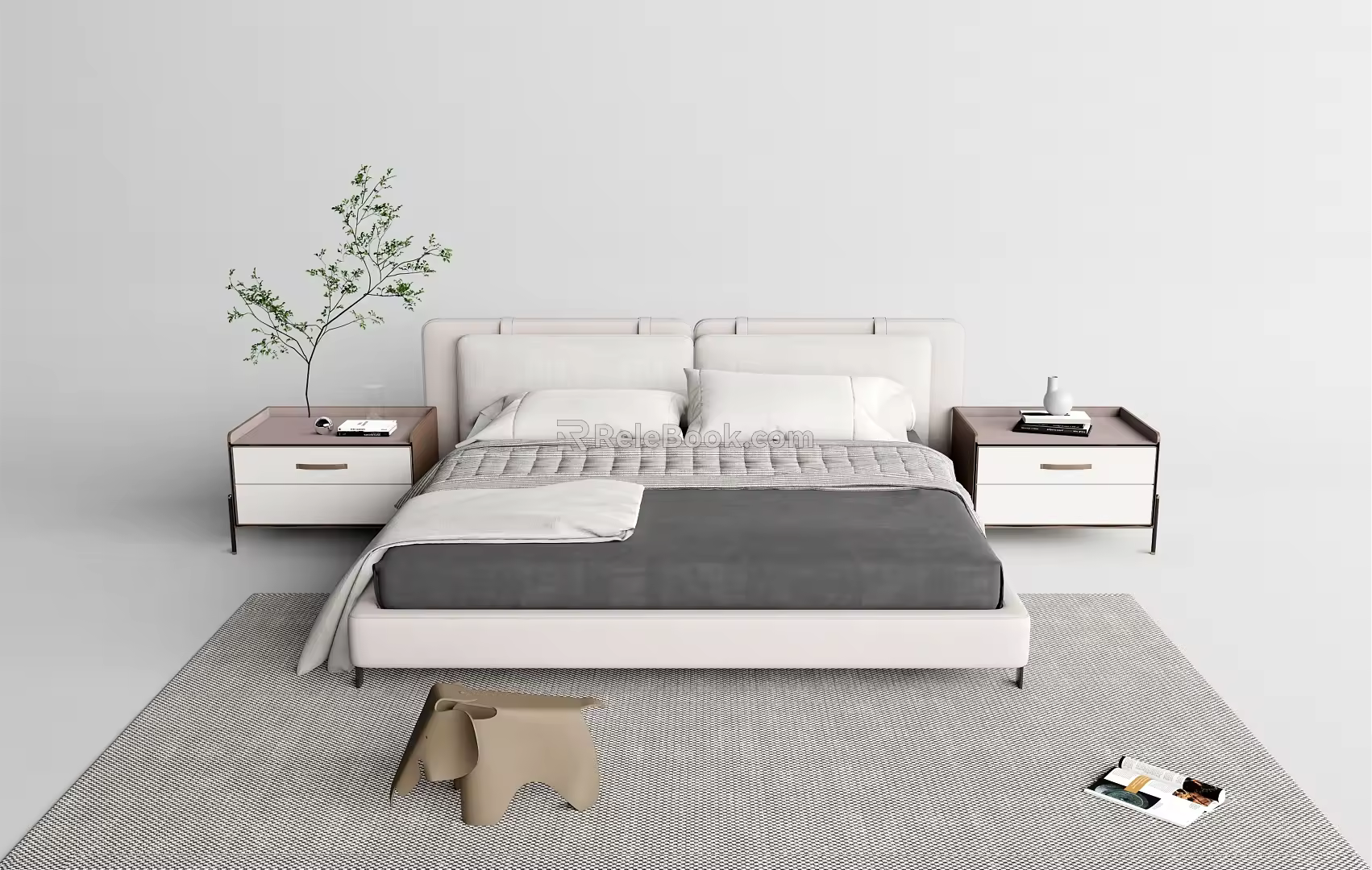 Modern Double Bed Simple Bedside Table Combination 3d model