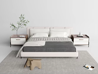 Modern Double Bed Simple Bedside Table Combination 3d model