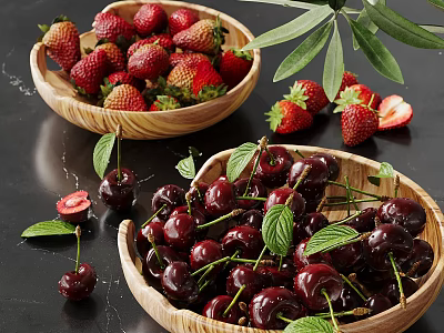 Fresh Ripe Strawberries and Cherries in Wooden Bowls with Green Leaves 3d model