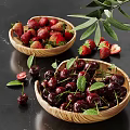 Fresh Ripe Strawberries and Cherries in Wooden Bowls with Green Leaves