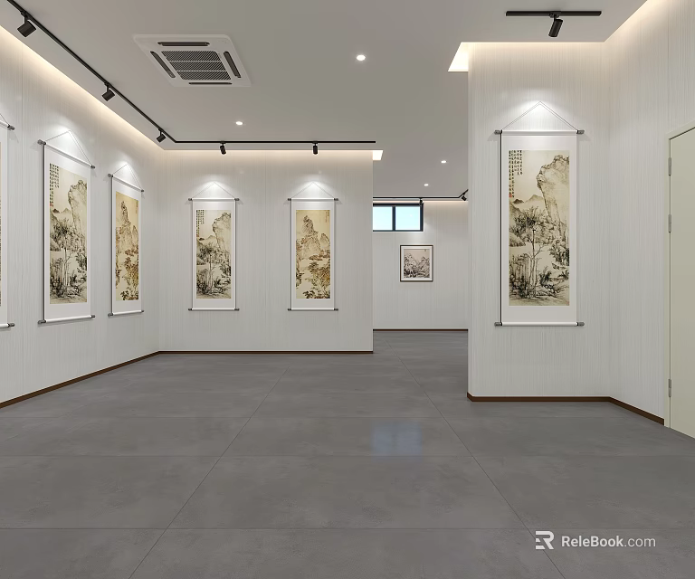 Spacious Bright Art Studio With White Walls Gray Floors Traditional Paintings And Recessed Lighting 3d model 