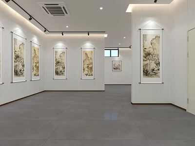 Spacious Bright Art Studio With White Walls Gray Floors Traditional Paintings And Recessed Lighting 3d model