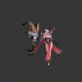 Elegant Eastern Game Movie Character with Pink Long Hair Flowing Dress and Mythical Creature Companion